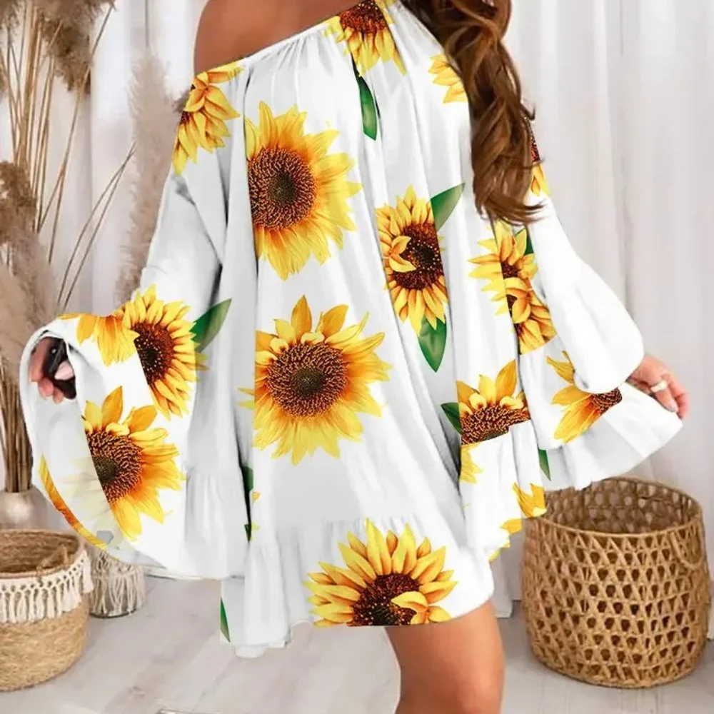 Sunflower Print Bell Sleeve Ruffle Hem Swing Dress - Picture 1 of 6